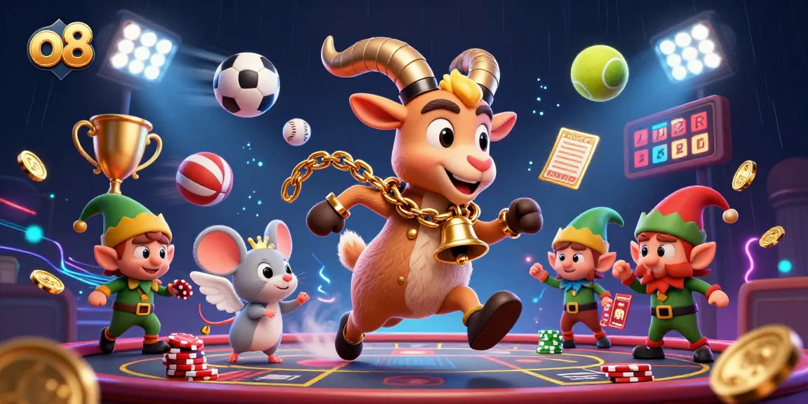 Experience exciting sports action at the o8 casino with a playful Krampus, angel mouse, and elf gremlins.