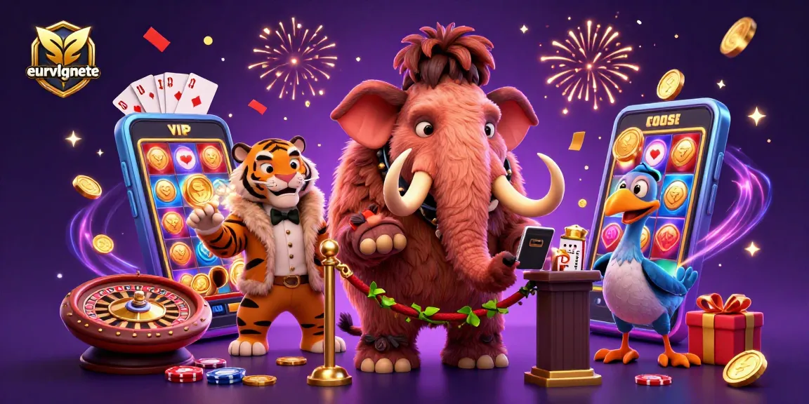eurvlgnete casino scene with a woolly mammoth bouncer, saber-tooth tiger, and dodo doorman surrounded by vibrant gaming elements