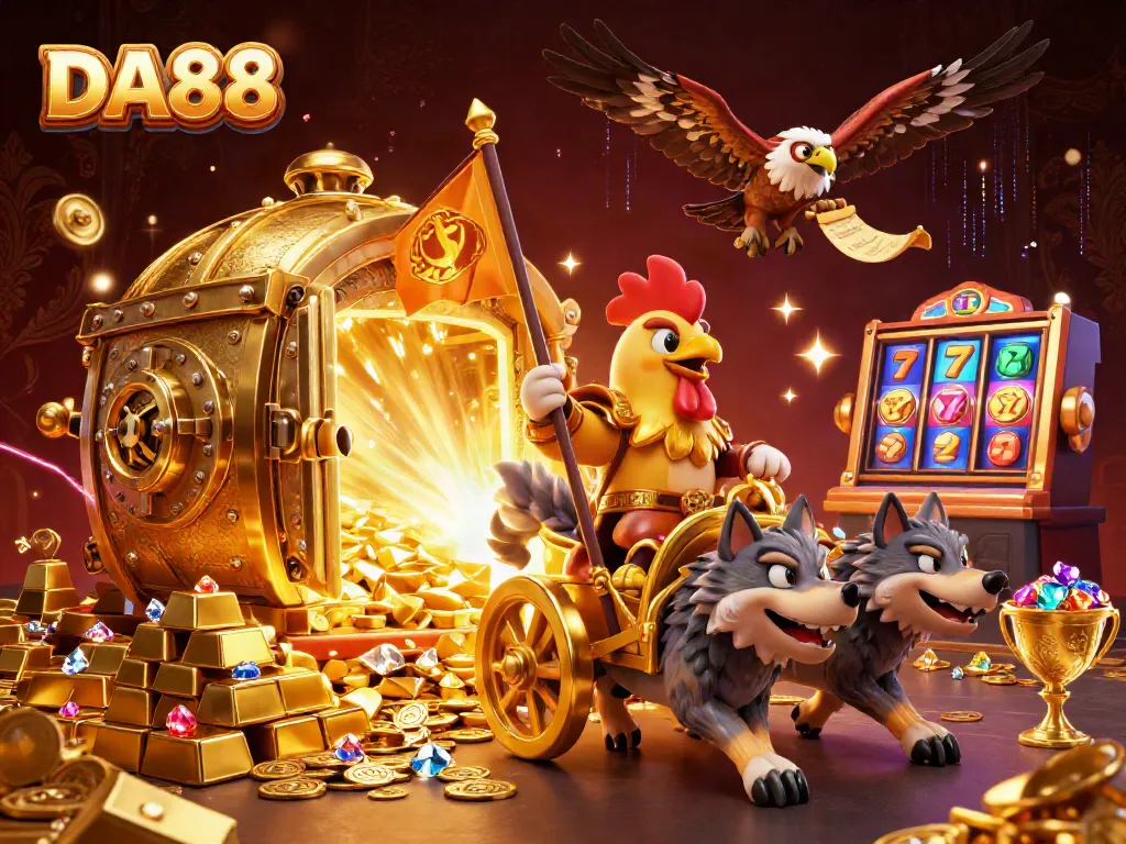 Engage with DA88's immersive casino adventure featuring a 3D cartoon warlord and slot machine elements.