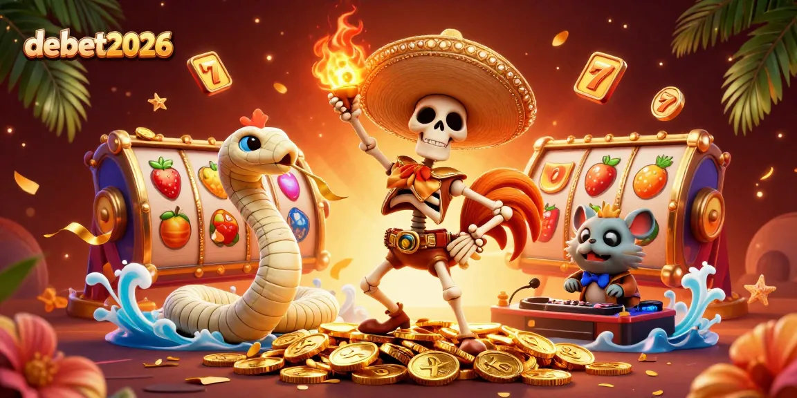 Experience the thrilling slot action with debet2026 in this vibrant 3D illustration featuring dynamic casino elements.