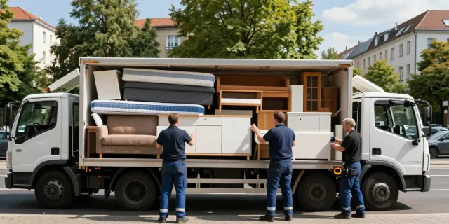 Möbelentsorgung Berlin: Professionelles Team lädt alte Möbel auf einen Lastwagen in einer Berliner Nachbarschaft.