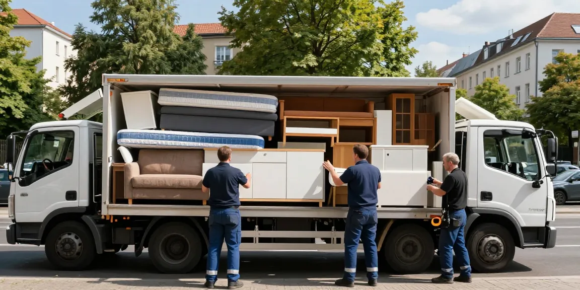 Möbelentsorgung Berlin: Professionelles Team lädt alte Möbel auf einen Lastwagen in einer Berliner Nachbarschaft.