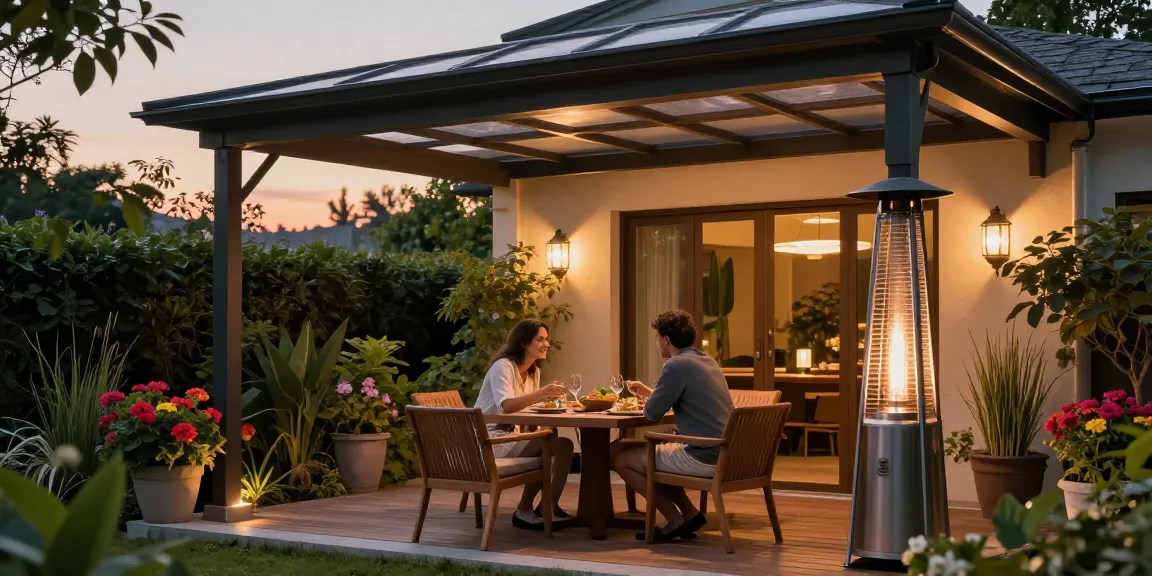 Freistehende Terrassenüberdachung geschützt, Paar genießt Essen im Garten.