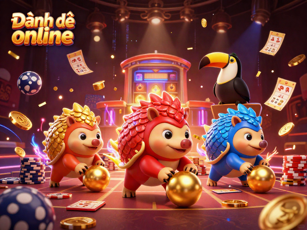 Experience the thrill of Đánh đề online with dynamic characters in a vibrant casino scene.