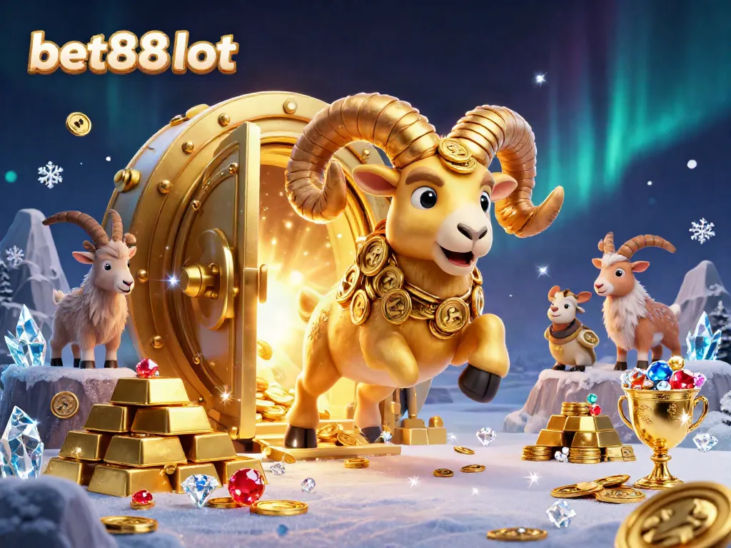 Experience thrilling gaming with bet88slot in this colorful 3D illustration of a golden ram charging through a treasure-filled gate.