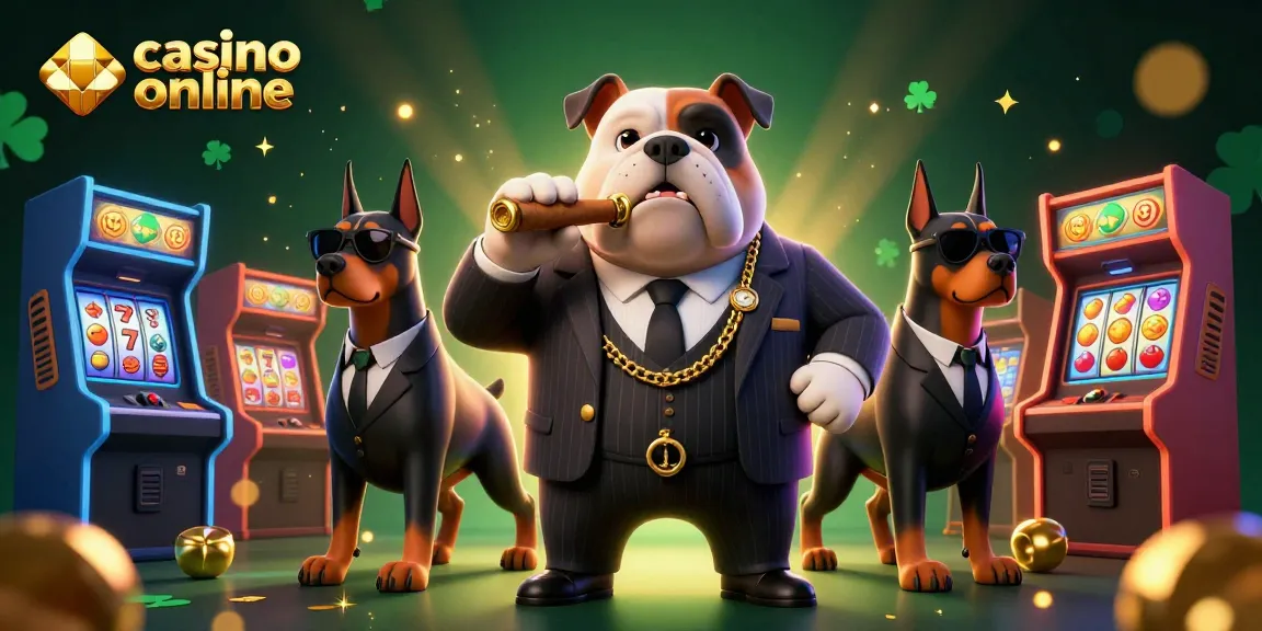 Engage in casino online excitement with a mafia boss bulldog, Doberman bodyguards, and colorful slot elements.