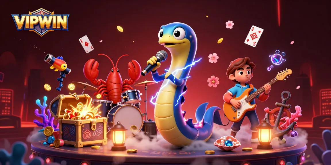 Join the excitement at VIPWIN with a lively underwater casino scene featuring unique characters and vibrant game elements.