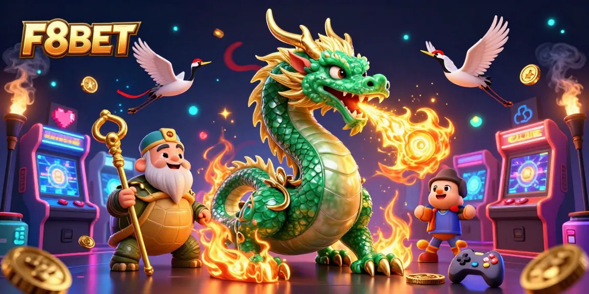 Experience F8BET's lively gaming world with a jade dragon and cartoon characters in a vibrant casino scene.