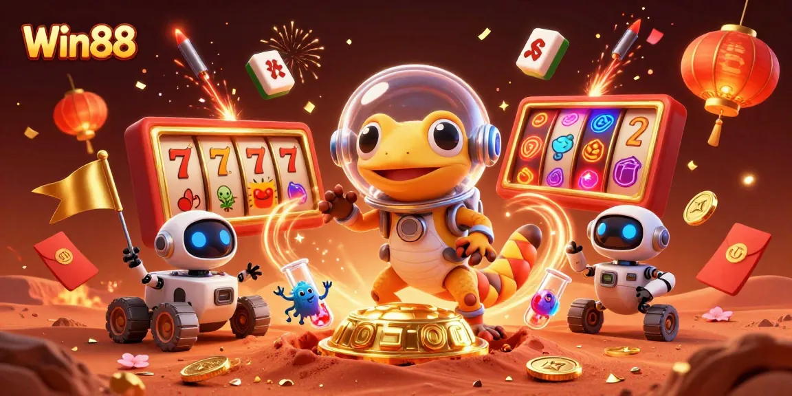 Win88 showcases a vibrant Mars casino with animated characters and casino elements.