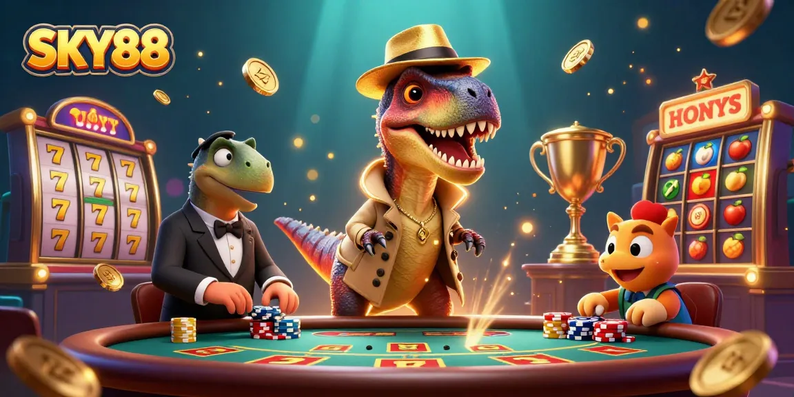 SKY88 showcases a velociraptor card counter and friends at a dynamic casino table.