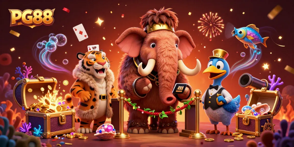 Engage with PG88's exciting gaming atmosphere featuring a woolly mammoth bouncer and a tiger VIP guest.