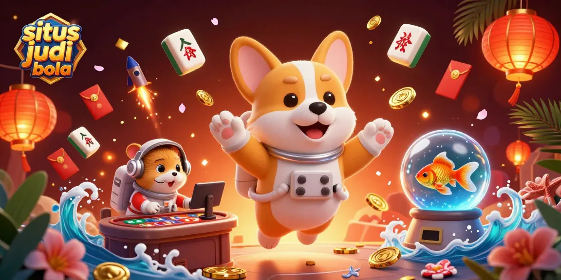 Engage with situs judi bola, featuring an astronaut corgi and gaming elements in a vibrant casino scene.