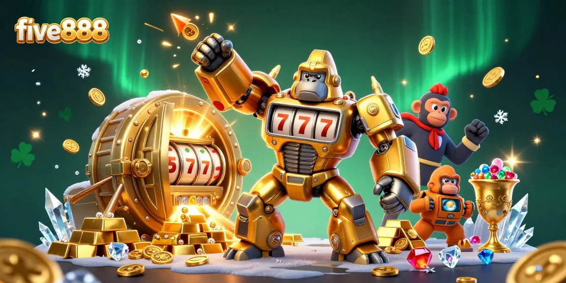 Experience the excitement of five888 with a dynamic 3D illustration of a golden gorilla mech bursting with treasures.