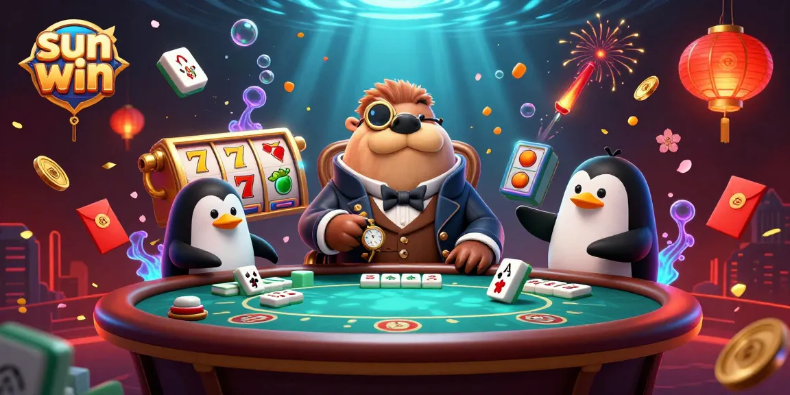 Enjoy the vibrant underwater casino scene featuring sun win elements with a walrus poker player, penguin dealer, and pufferfish bluffer.