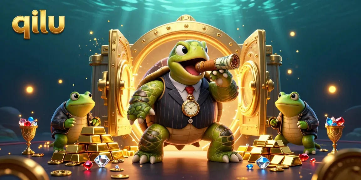 Engage with qilu's vibrant casino scene featuring a massive turtle mobster and bullfrog enforcers amidst golden treasures.