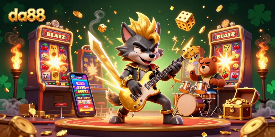 da88 showcases a vibrant 3D casino scene with a rock star wolf and drummer bear amidst slot machines and gaming excitement.
