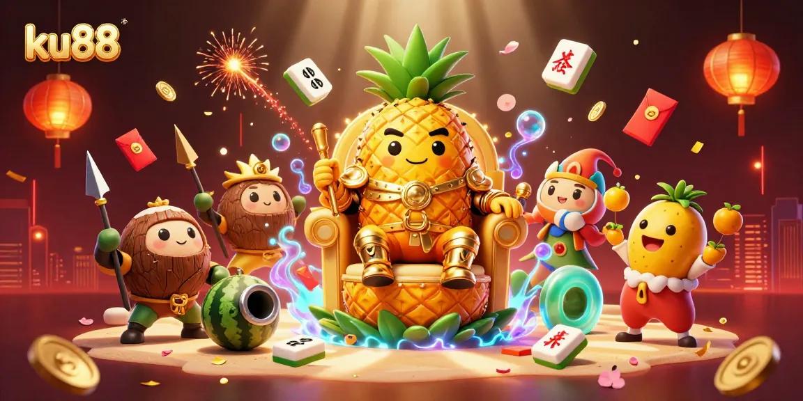 Experience ku88's vibrant beach casino scene with an energetic golden pineapple king and lively elements.