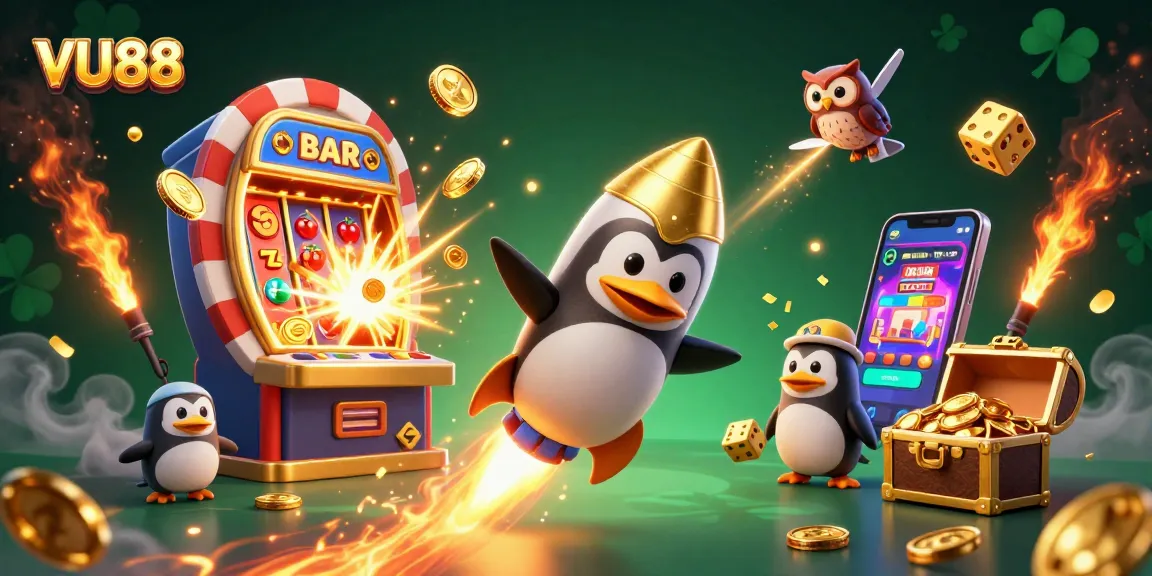 Experience the vibrant world of VU88 with a colorful 3D illustration of casino adventures.