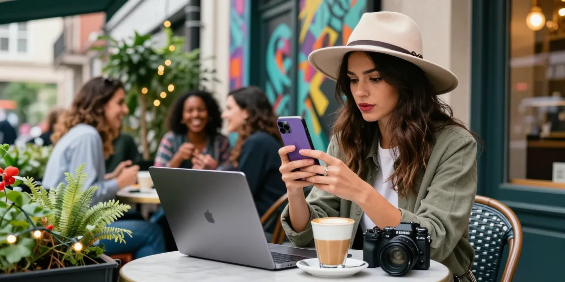 Weibliche Instagram-Follower kaufen - stilvolle Frau in einem Café bei der Nutzung ihres Smartphones zur Content-Erstellung.