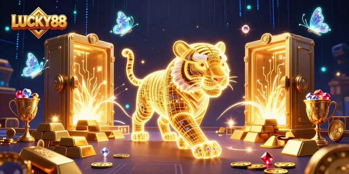 Experience exhilarating gameplay with LUCKY88's dynamic golden tiger in a vibrant casino landscape.