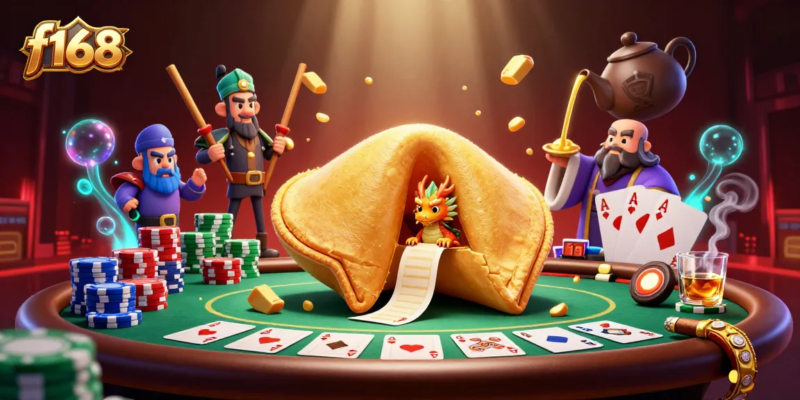 Play exciting games at f168 with a vibrant illustration of a golden fortune cookie revealing treasures and poker action.